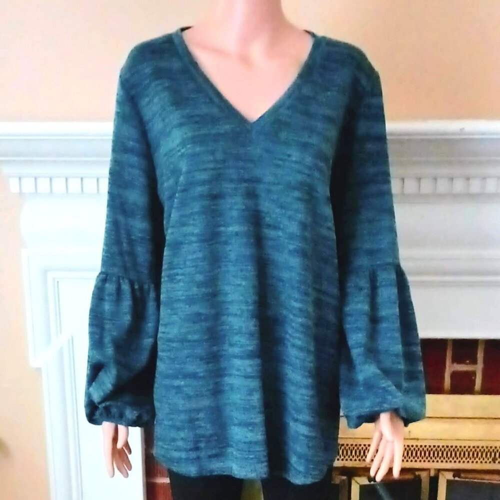 Bloomchic Blue V-Neck Sweater 14-16 Women's Long Bishop Sleeve Top Stretch NEW